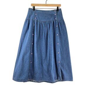 VTG Cherokee Blue Denim Midi Skirt 6 Double Button Front Deep Hip Band 80s 90s